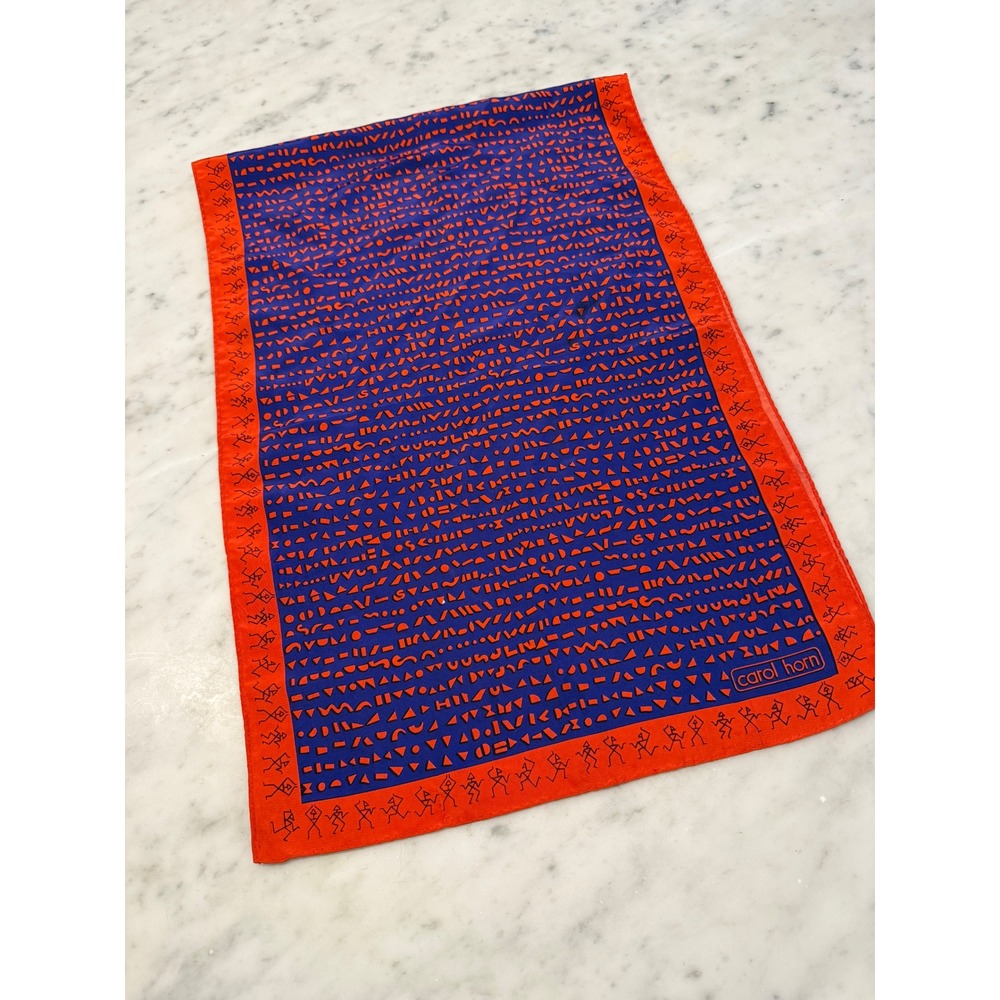 Vintage Carol Horn Silk Oblong Scarf Purple Orange Geometric Stick Figure 15x41